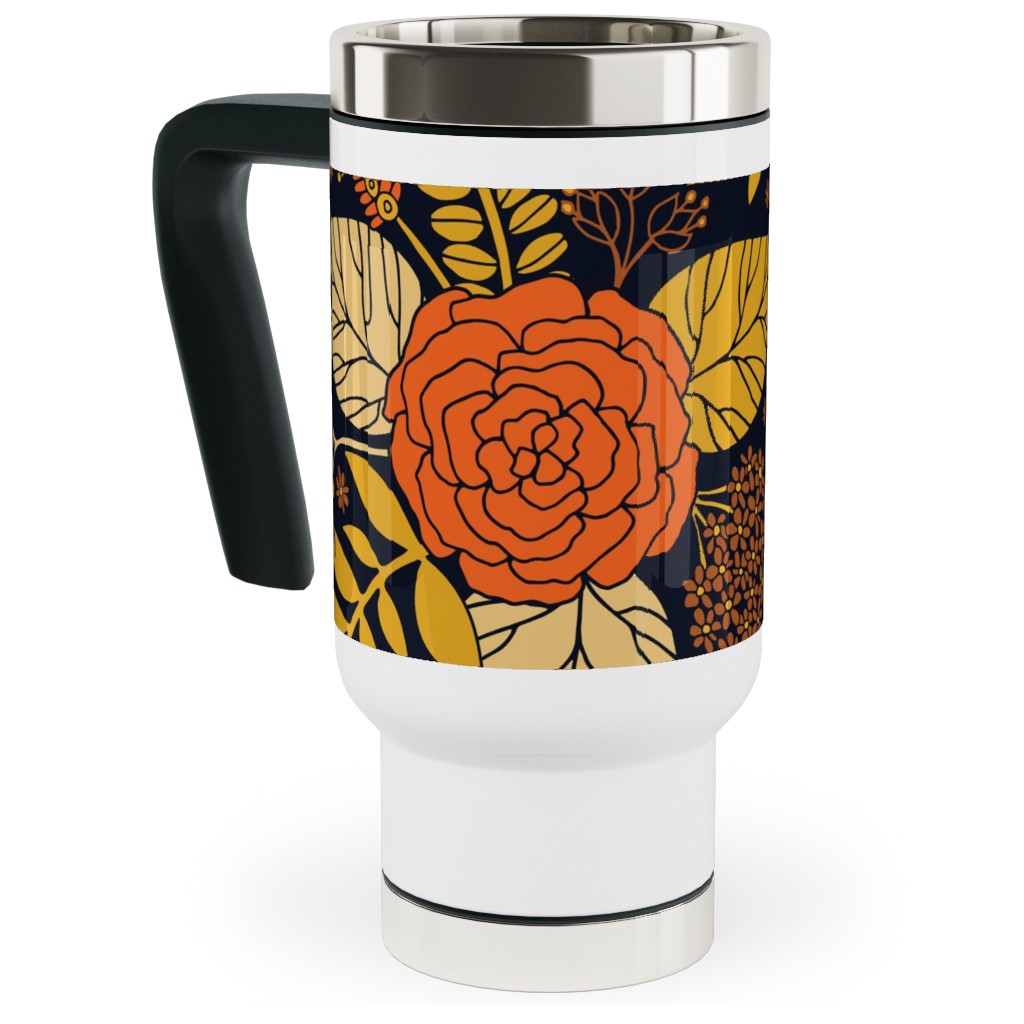Retro Floral - Orange Brown and Yellow Travel Mug with Handle, 17oz, Orange