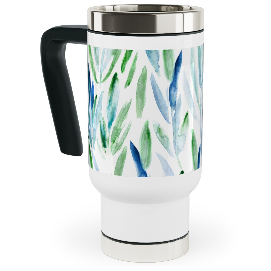 Watercolor Eucalyptus Leaves - Blue and Green Travel Mug with Handle, 17oz, Green