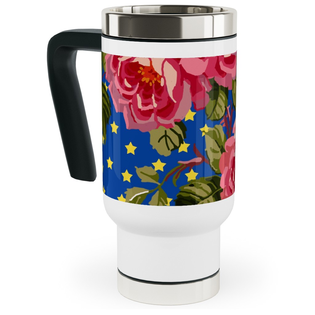 Americana Summer Roses - Blue Travel Mug with Handle, 17oz, Blue, True Blue