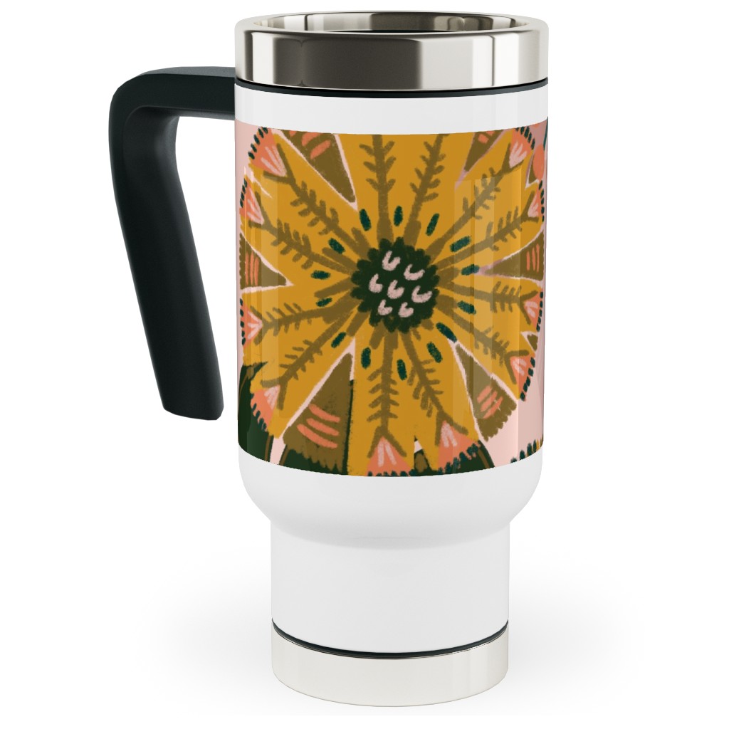 Boho Tropical - Floral - Pink Travel Mug with Handle, 17oz, Multicolor