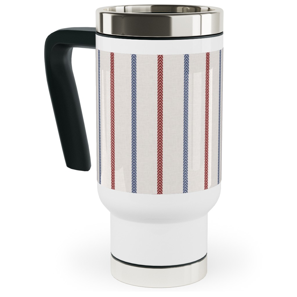 Baseball Ball Stitch Ticking Stripe on Soft Gray Travel Mug with Handle, 17oz, Beige, Pearl