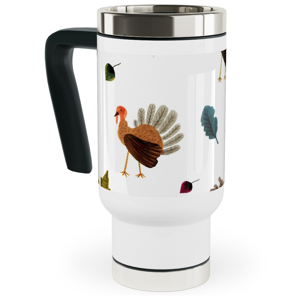 Fall Thanksgiving Turkeys on White Travel Mug with Handle, 17oz, White, White