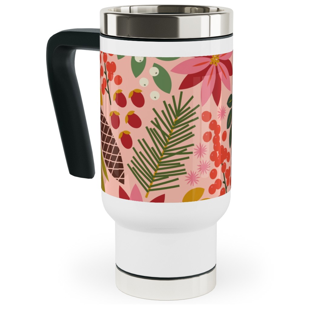 Pinecones and Berries - Pink Travel Mug with Handle, 17oz, Pink, Bright Pink