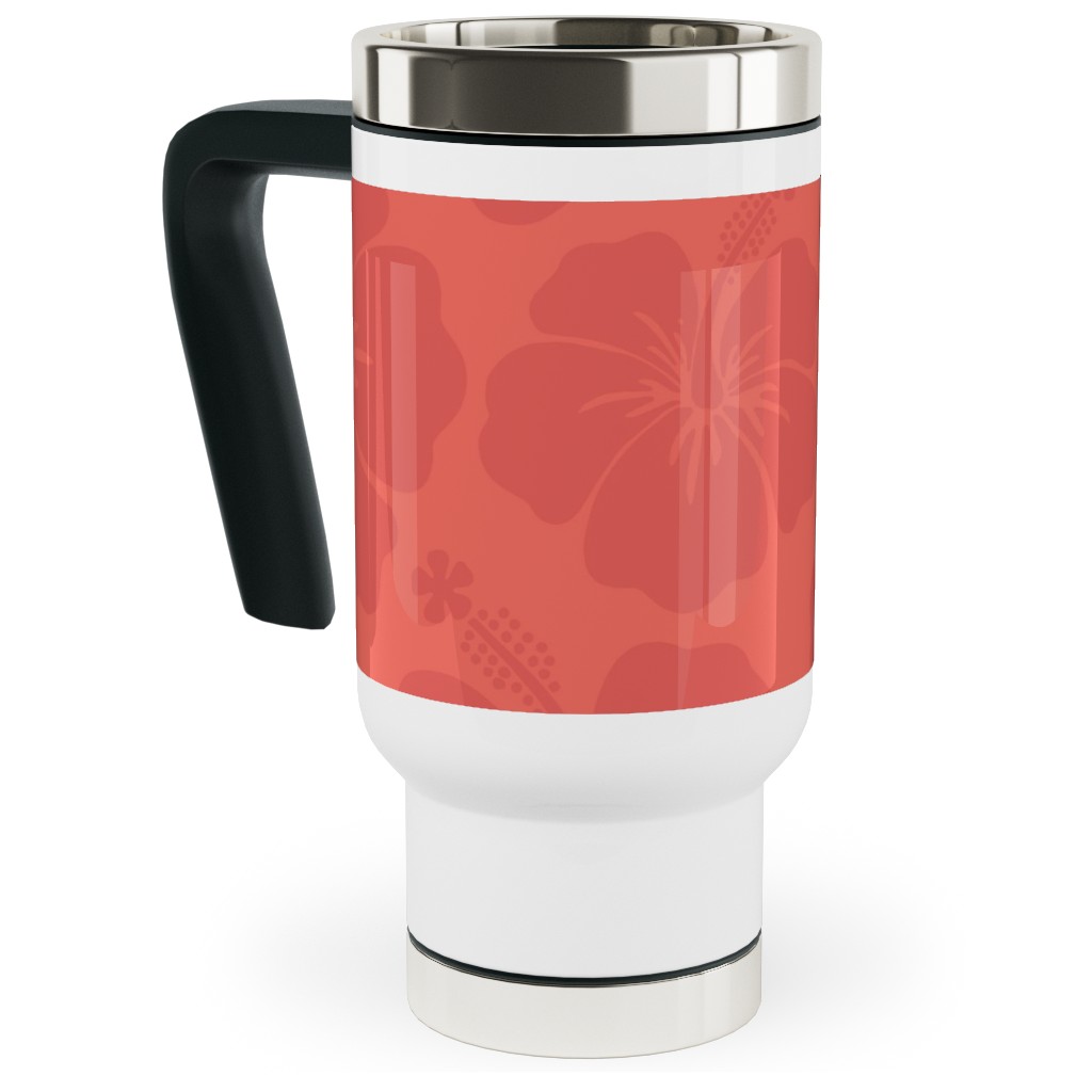 Hibiscus Florals - Coral and Red Travel Mug with Handle, 17oz, Pink, Bright Pink
