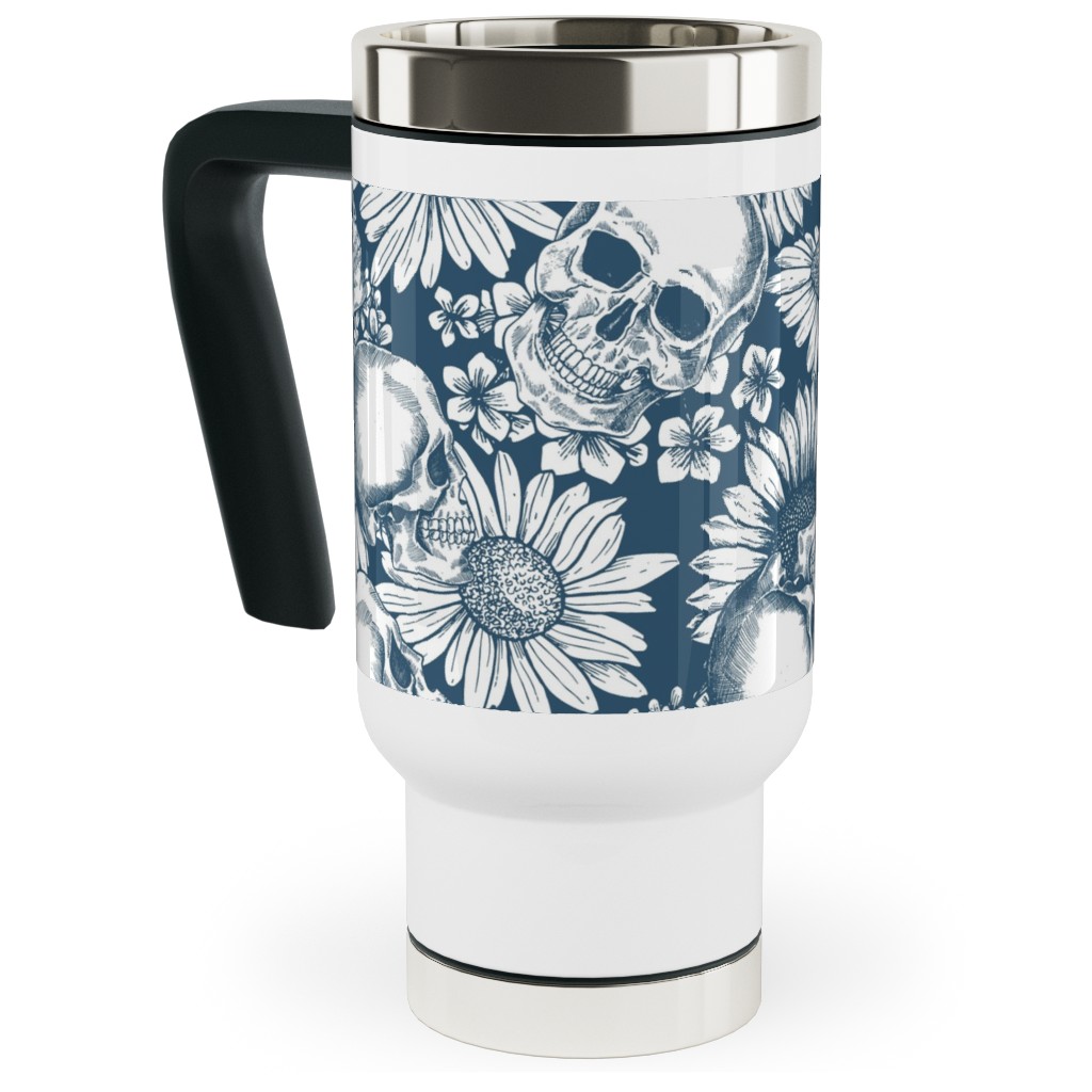 Floral Skull - Blue Travel Mug with Handle, 17oz, Blue, True Blue