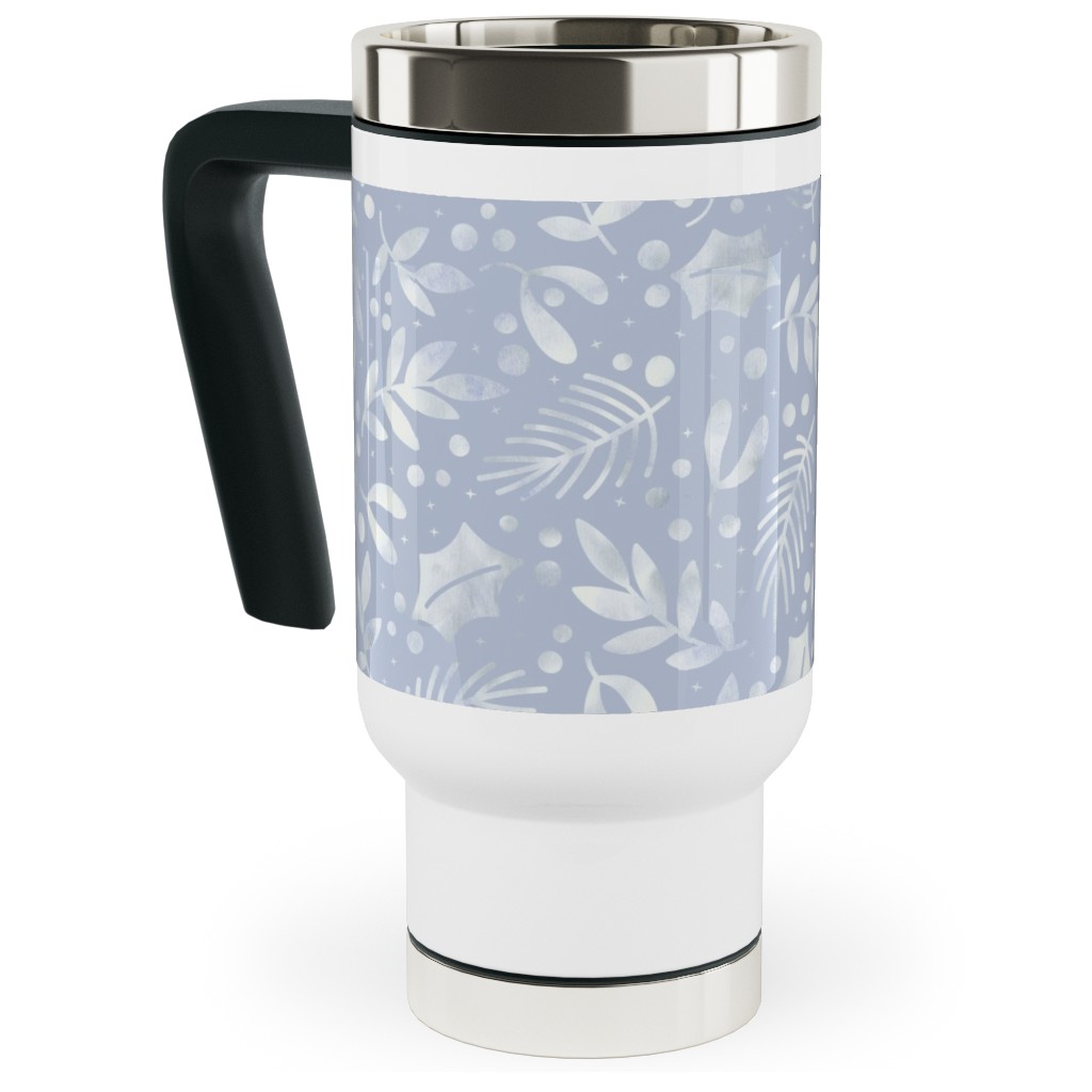 Frozen Winter Florals - Silver Travel Mug with Handle, 17oz, Blue