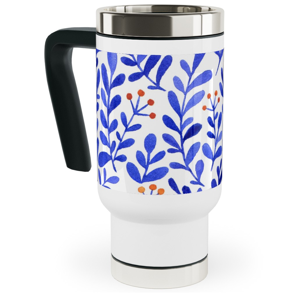 Leaves - Blue Travel Mug with Handle, 17oz, Blue