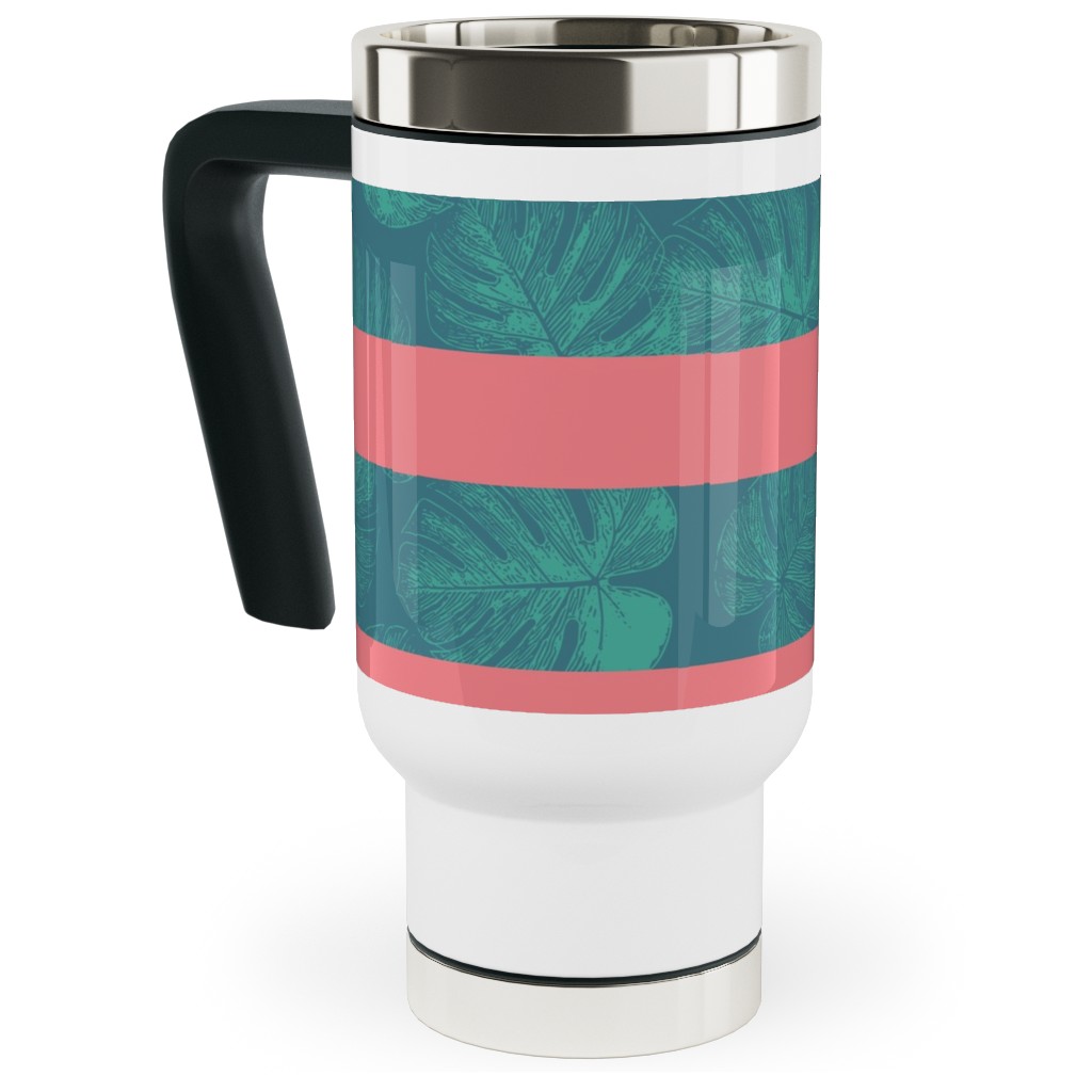 Monstera Leaf Stripes Travel Mug with Handle, 17oz, Green, Classic Green