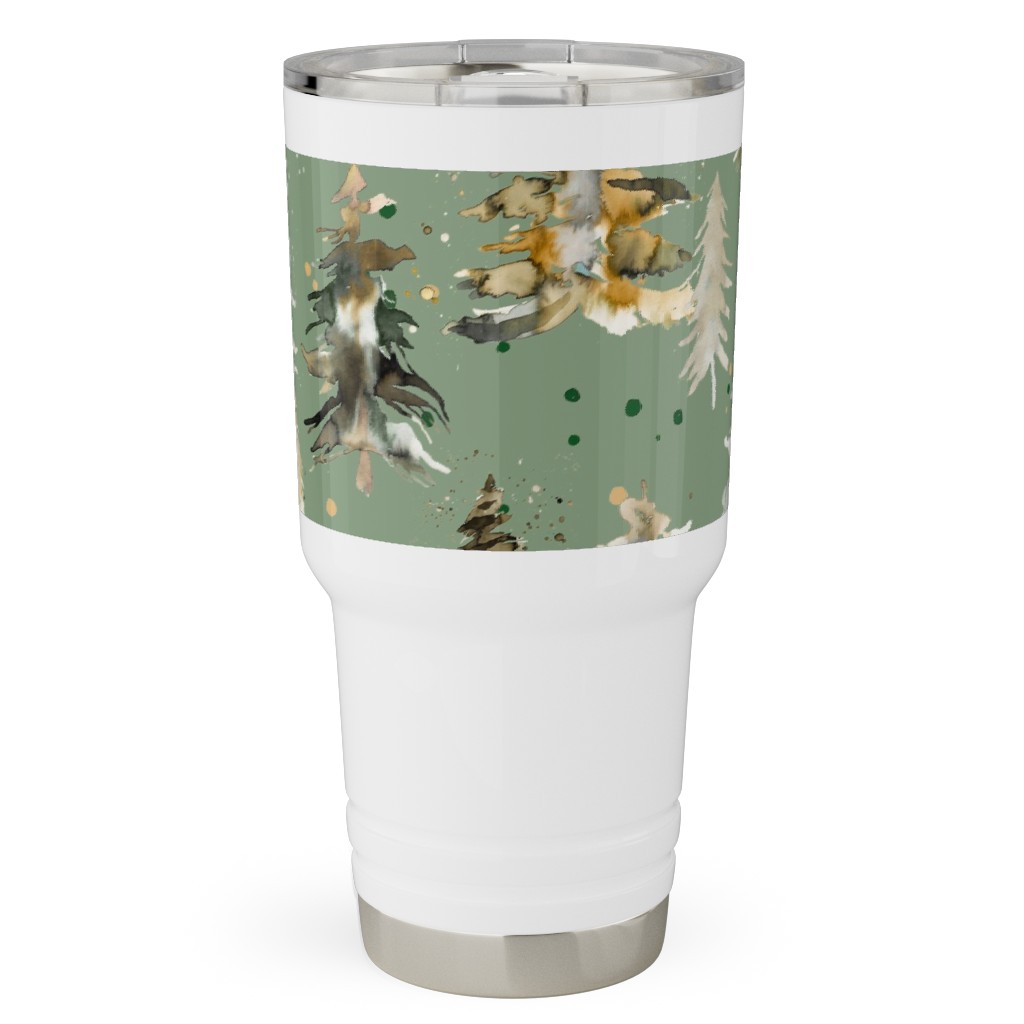 Watercolor Pines and Spruces Christmas - Green Travel Tumbler, 30oz, Green, Classic Green