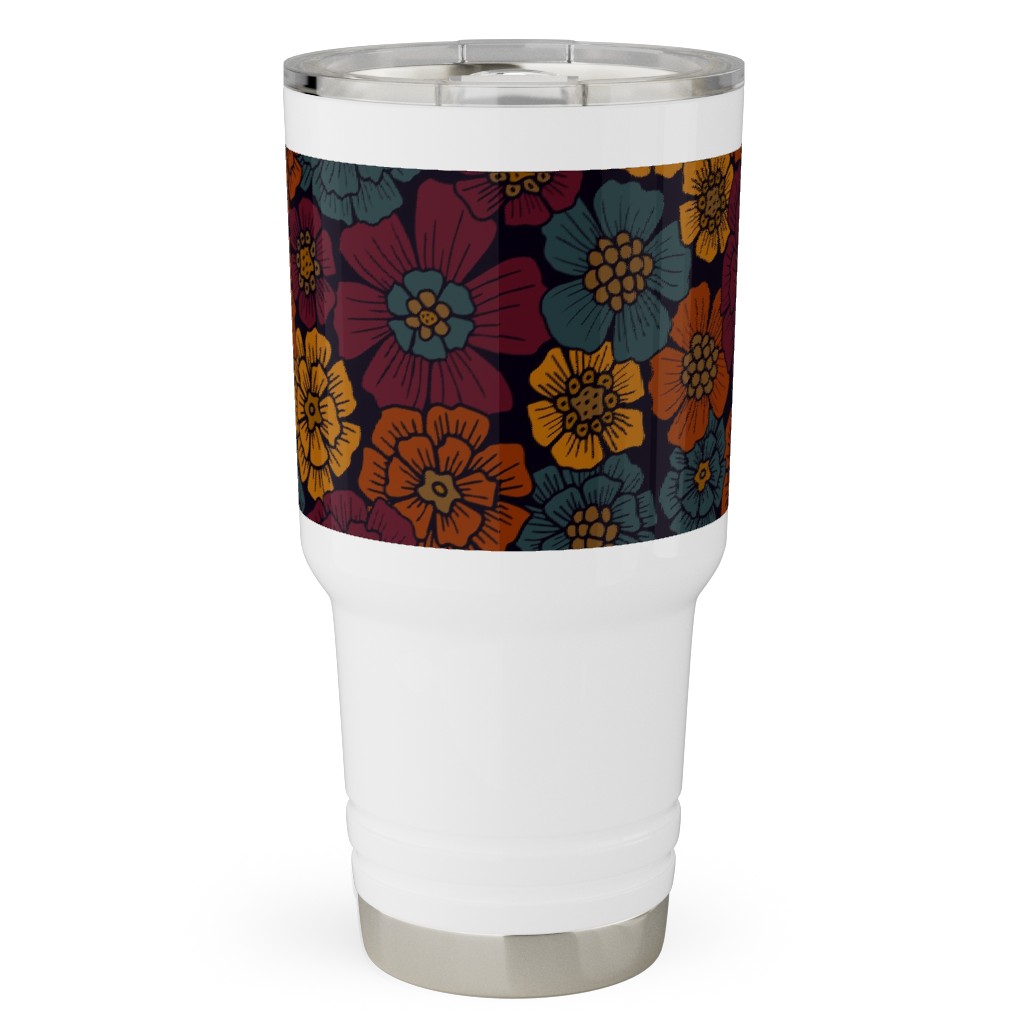 Burgundy, Rust, Mustard & Teal Floral Travel Tumbler, 30oz, Red, Red
