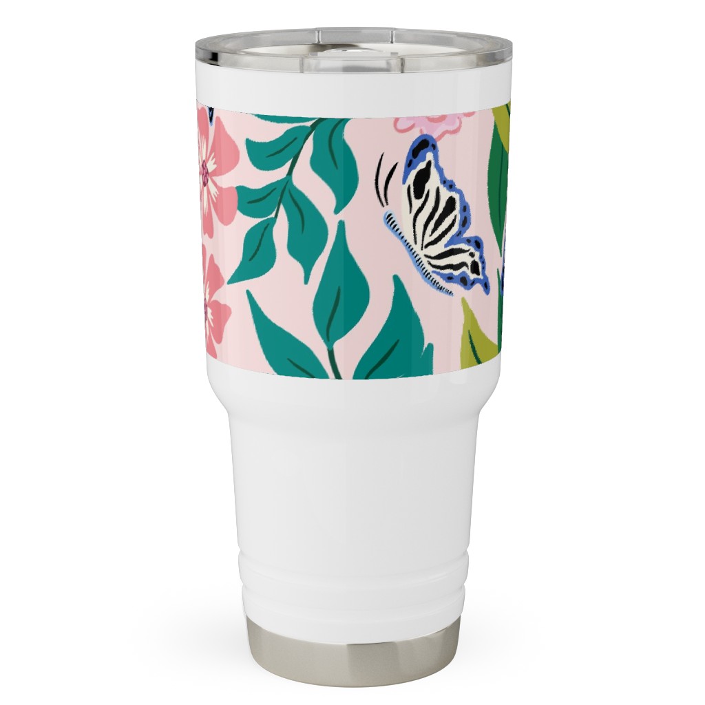 Budgies and Butterflies - Pink and Green Travel Tumbler, 30oz, Pink