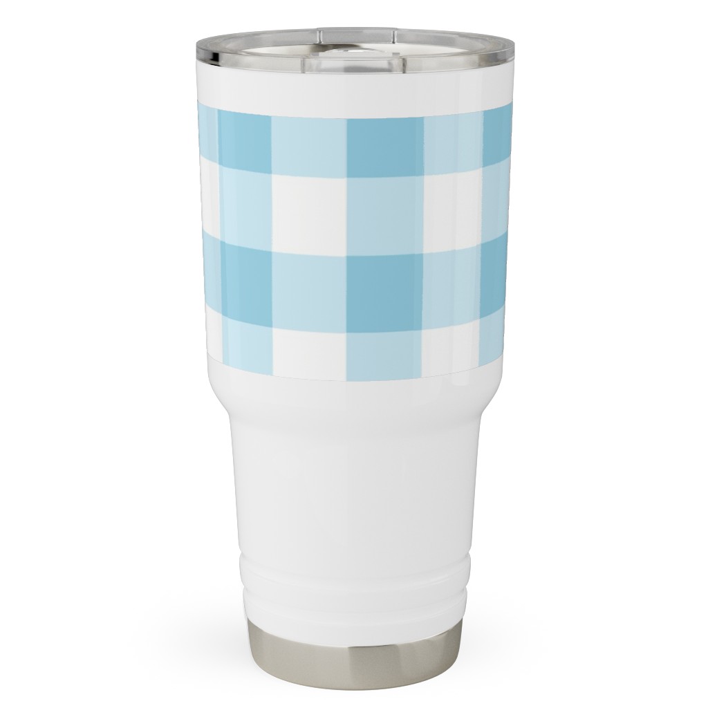 Gingham Checks Travel Tumbler, 30oz, Blue, Rain