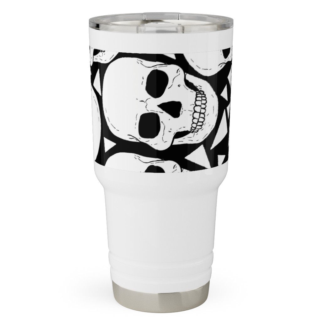 Skulls With Triangles - Black and White Travel Tumbler, 30oz, White, White