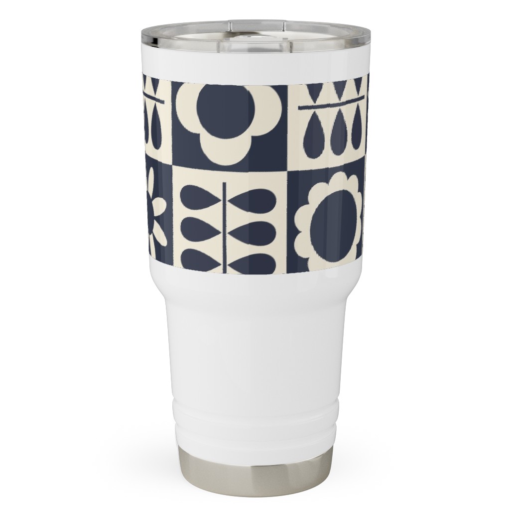 Scandinavian Checker Blooms - Off White and Navy Travel Tumbler, 30oz, Black, Black