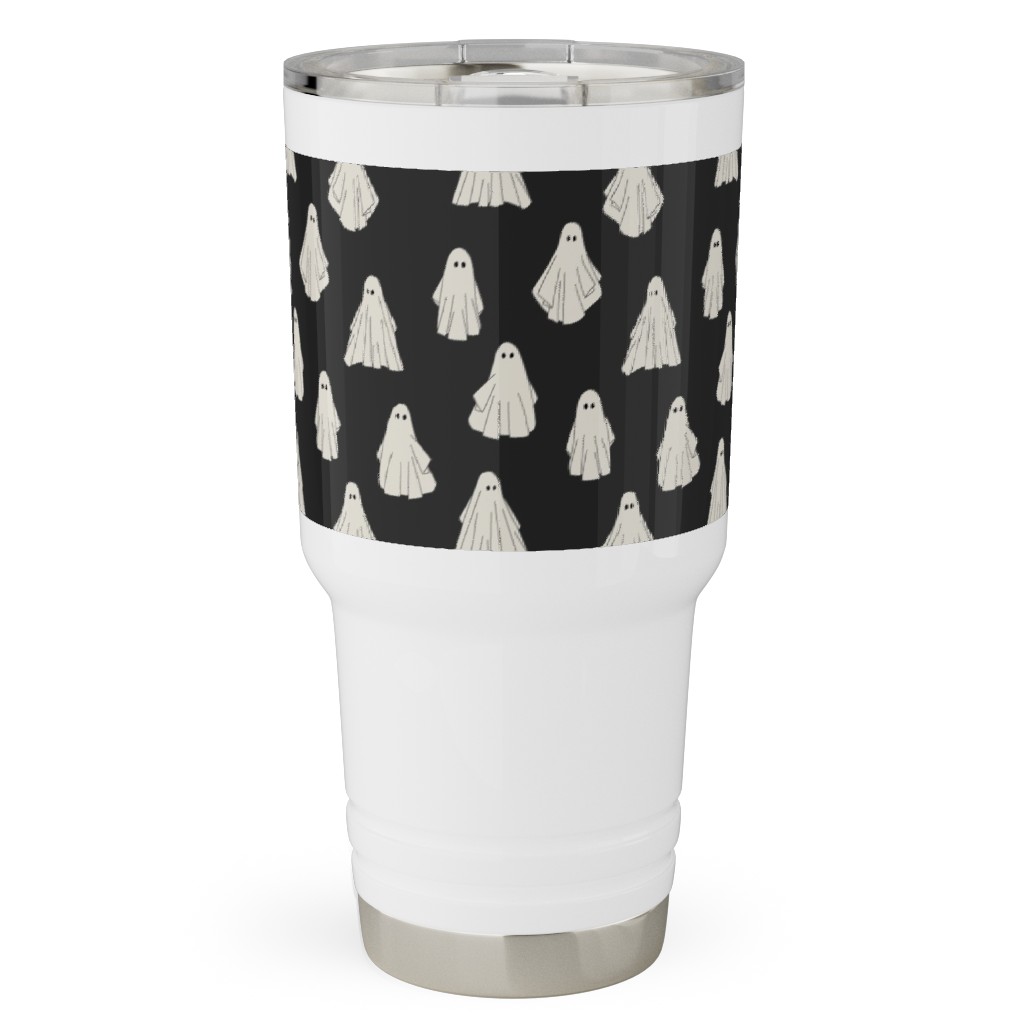 Spooky Halloween Vintage Ghosts - White on Black Travel Tumbler, 30oz, Black, Black