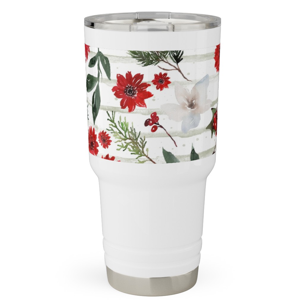 Jolly Christmas Florals - Mint Sage Stripes Travel Tumbler, 30oz, Multicolor
