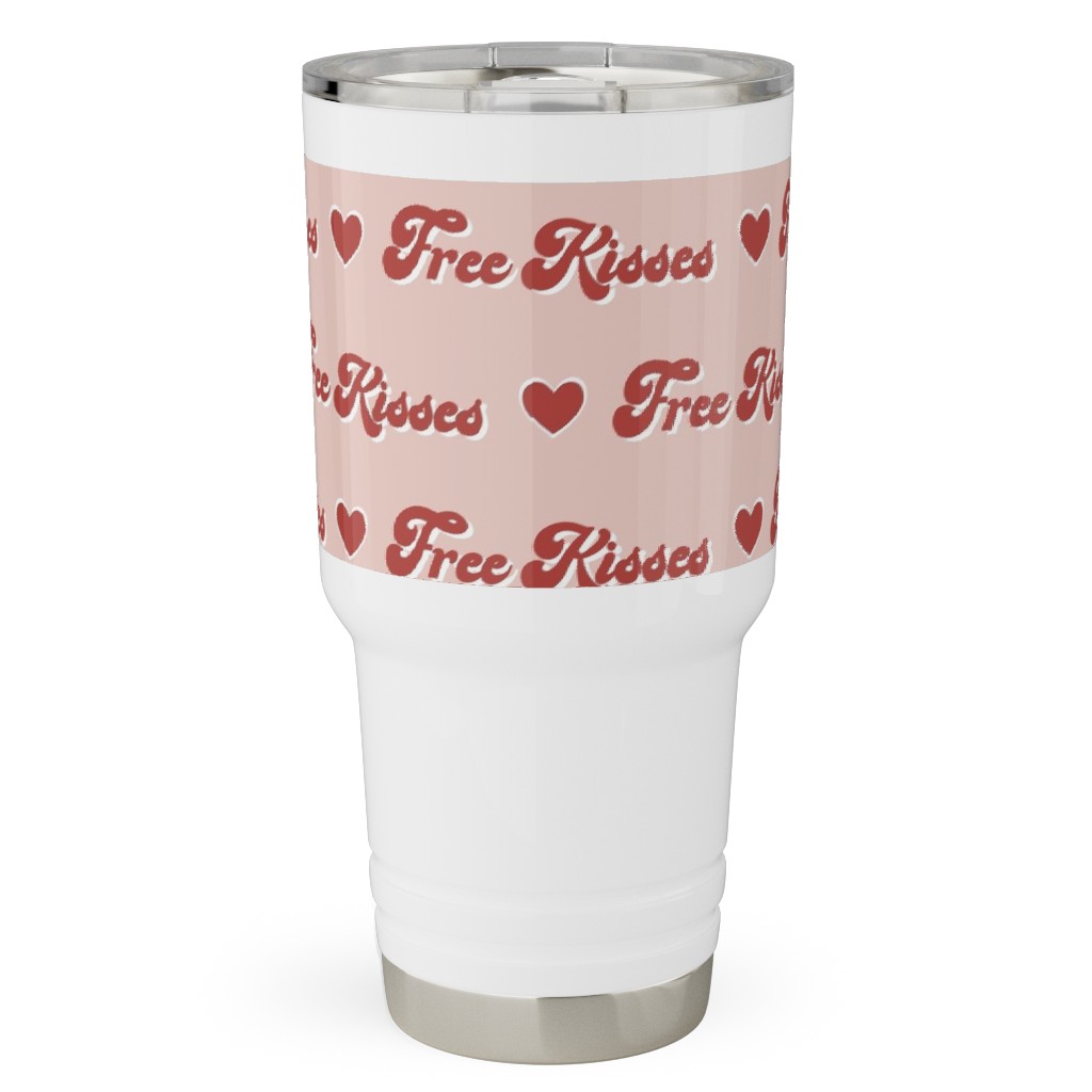 Free Kisses - Retro Hearts - Red on Pink Travel Tumbler, 30oz, Pink, Bright Pink
