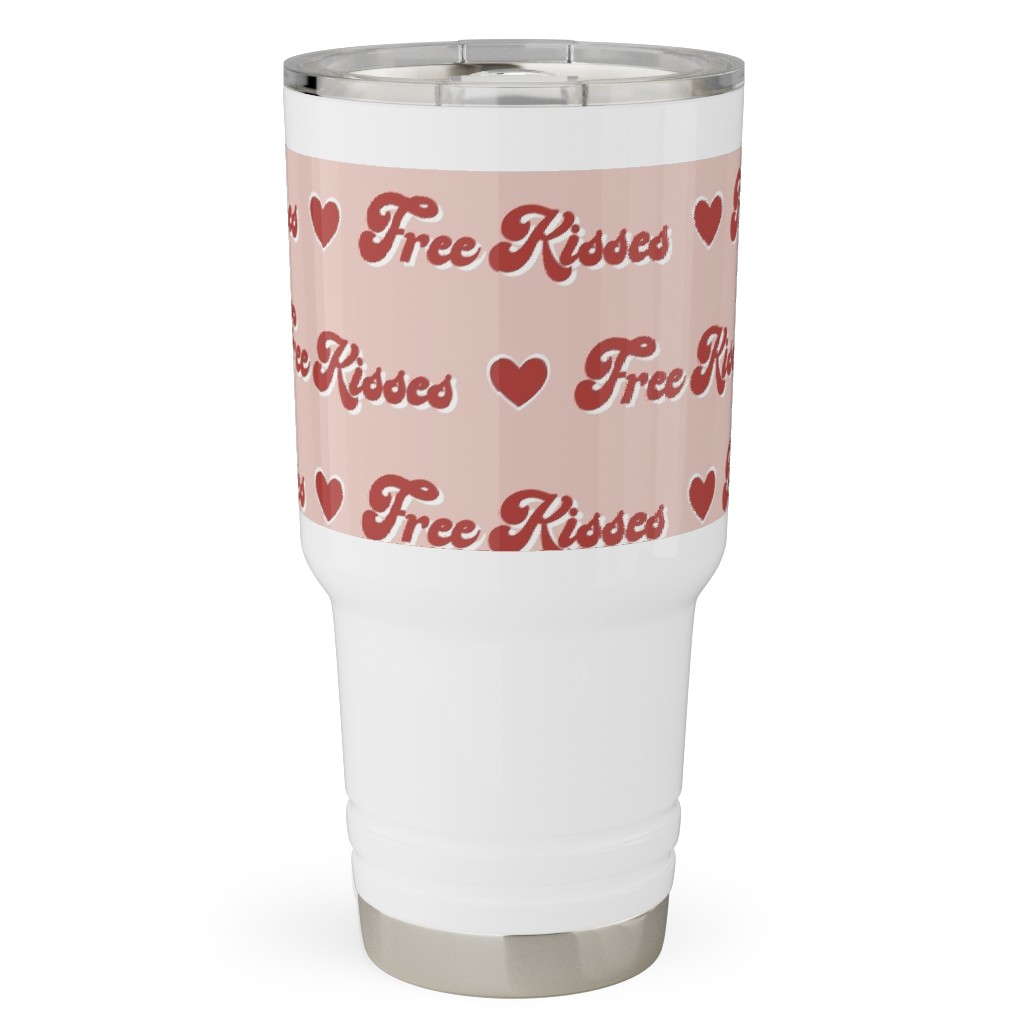 Free Kisses - Retro Hearts - Red on Pink Travel Tumbler, 30oz, Pink