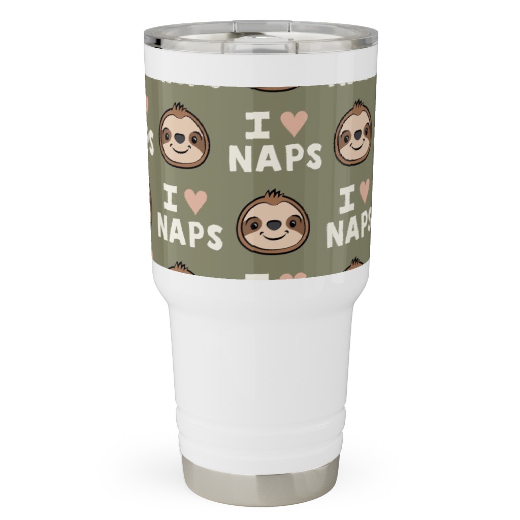 I Heart Naps - Cute Sloths - Olive Green Travel Tumbler, 30oz, Green