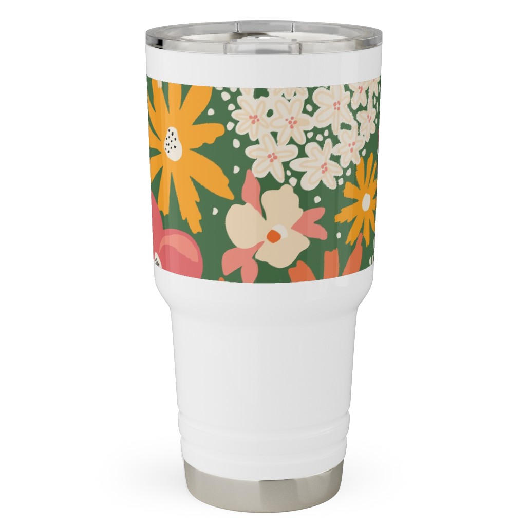 Summer Florals - Green Pink White and Orange Travel Tumbler, 30oz, Multicolor
