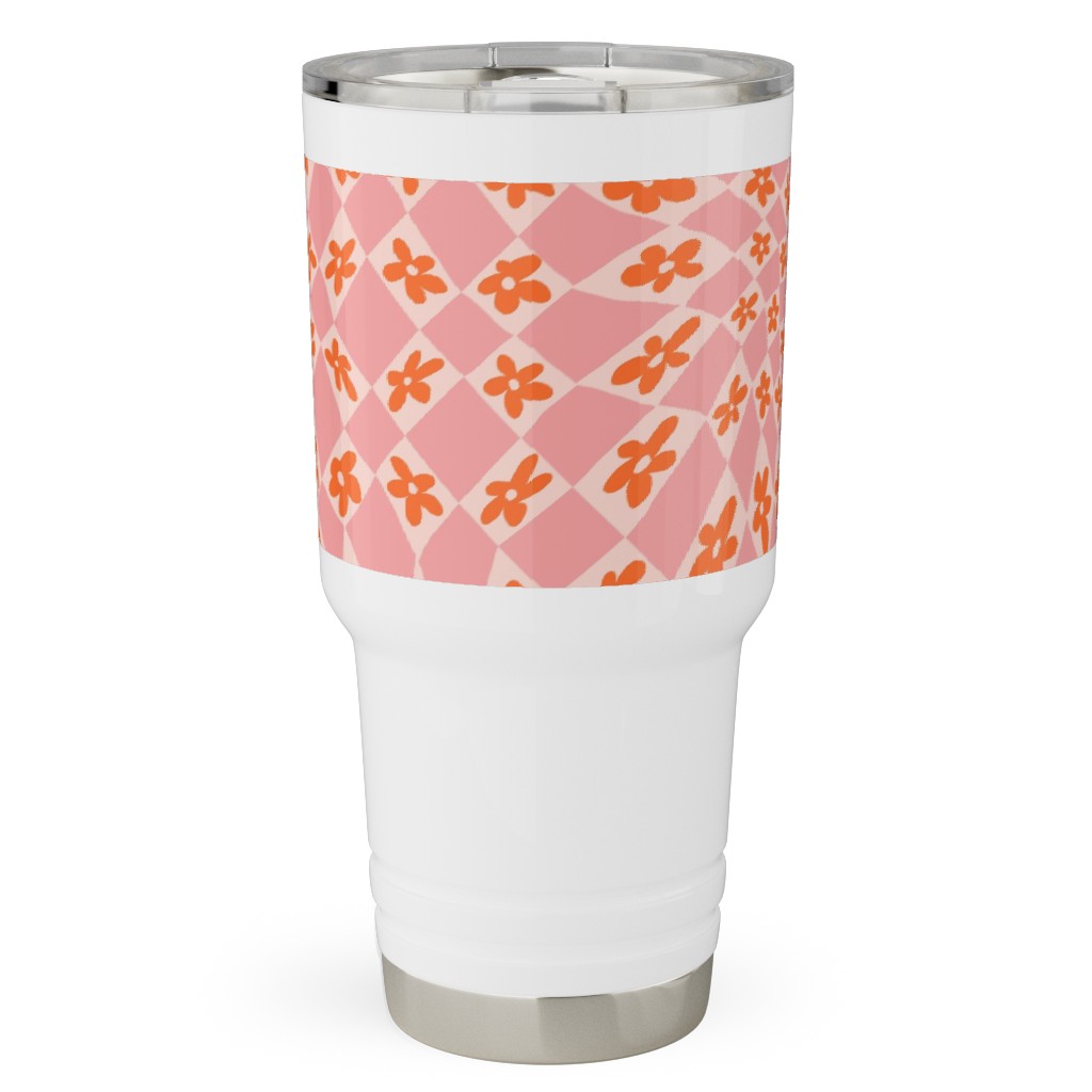 Trippy Checker - Floral - Pink and Orange Travel Tumbler, 30oz, Pink