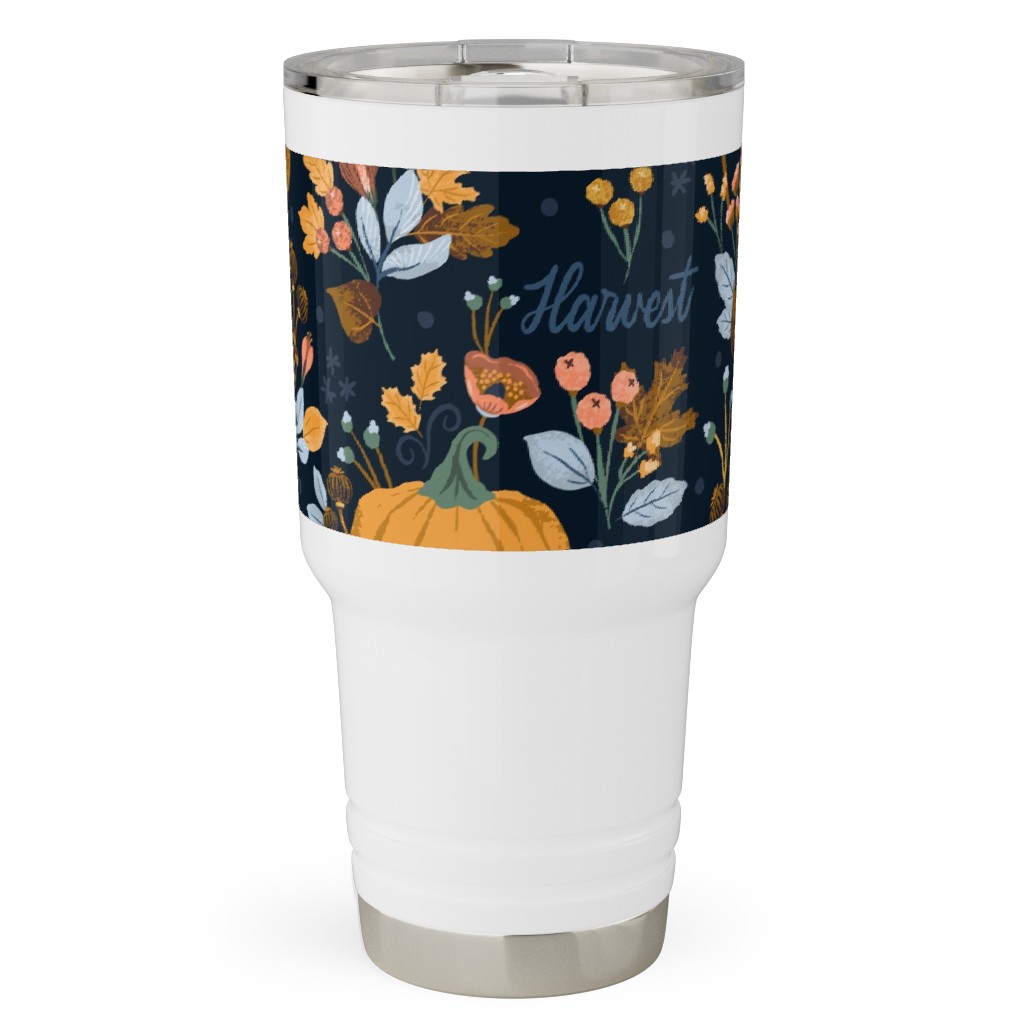 Smaller Scale Elegant Navy Fall Floral - Harvest Gratitude + Cozy Petal Solids Travel Tumbler, 30oz, Orange