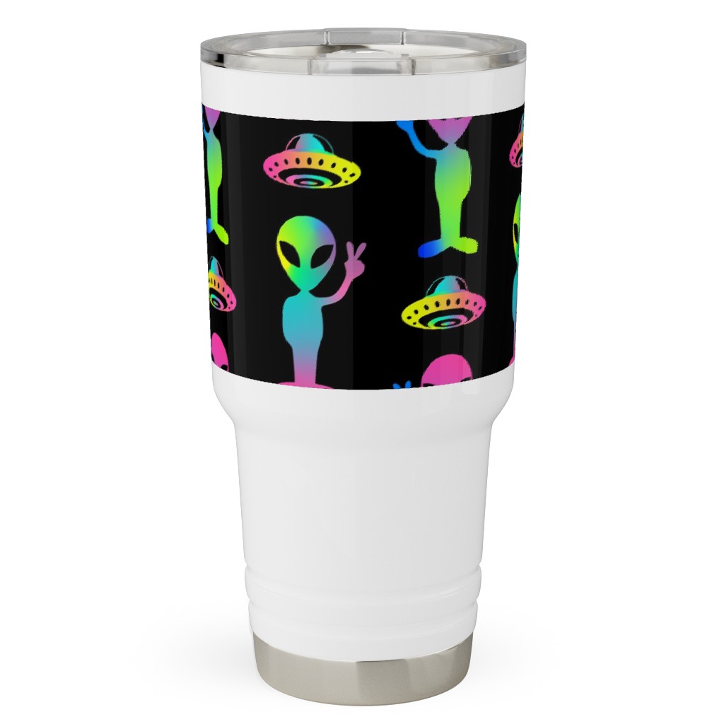 90's Rainbow Aliens and Ufos - Multi on Black Travel Tumbler, 30oz, Black, Black