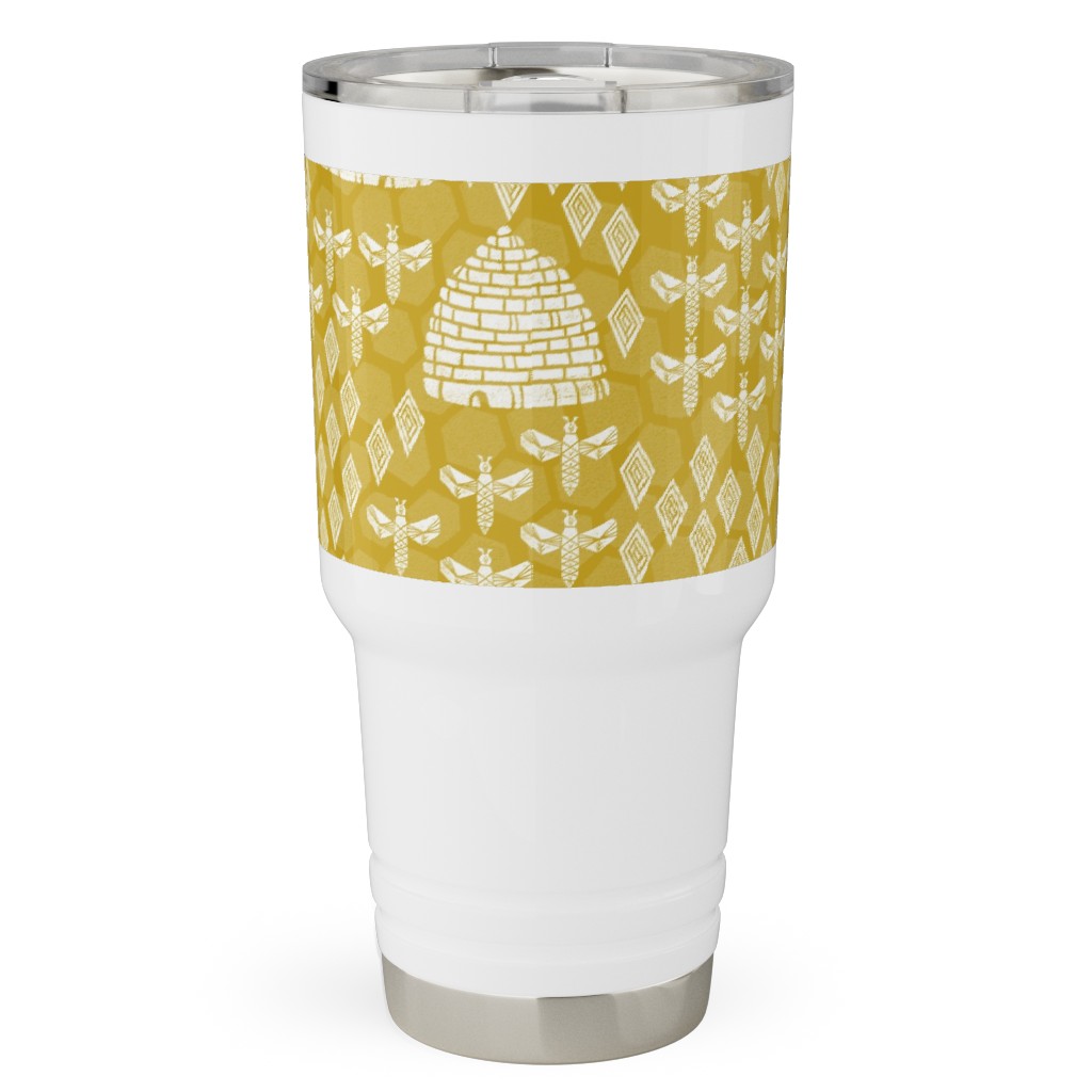 Bee Hives, Spring Florals Linocut Block Printed - Golden Yellow Travel Tumbler, 30oz, Yellow