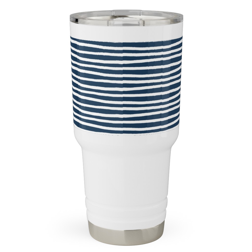 Navy Blue and White Stripes Travel Tumbler, 30oz, Blue