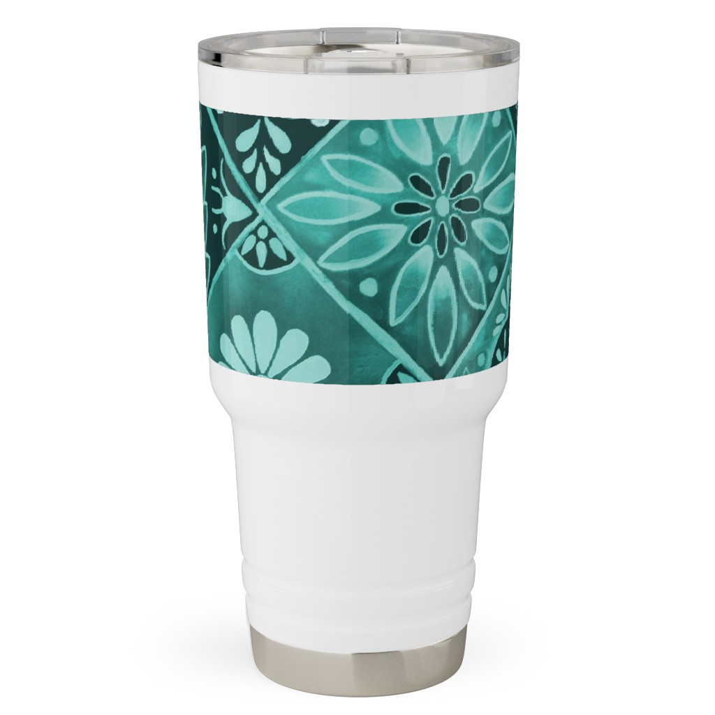 Watercolor Talavera Tiles Travel Tumbler, 30oz, Green