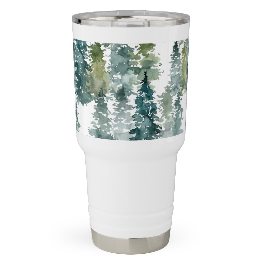 Woodland Trees Watercolor - White Travel Tumbler, 30oz, Green, Classic Green