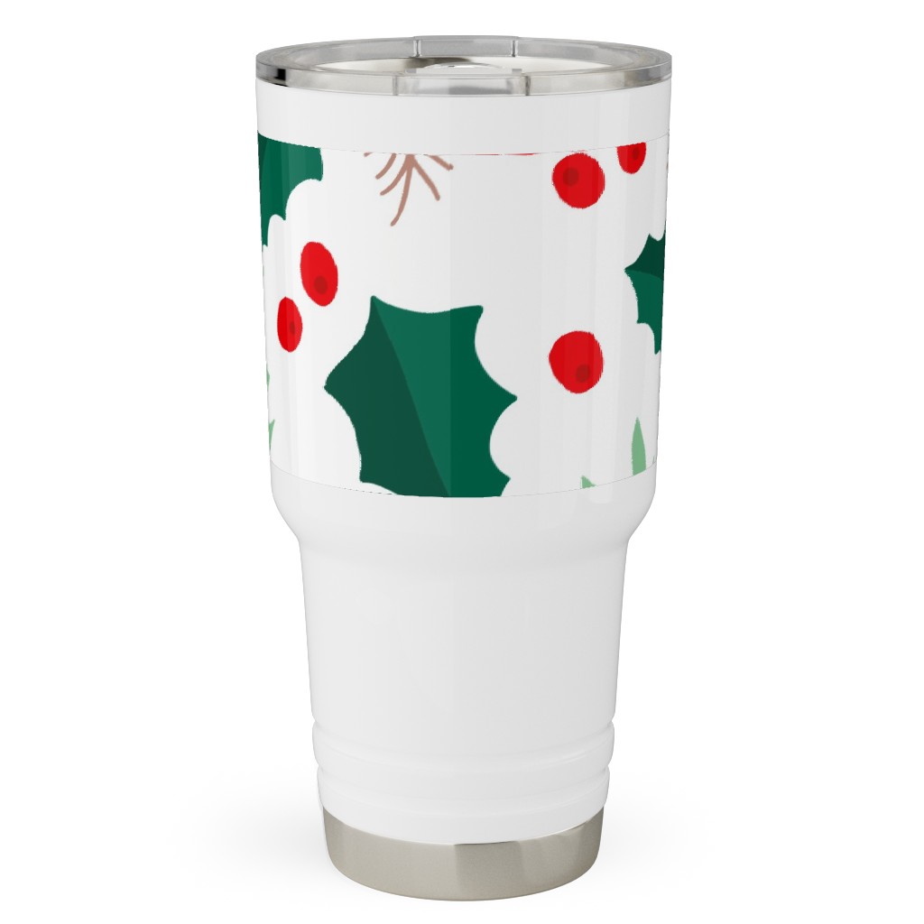 Botanical Christmas Garden Pine Leaves Holly Branch Berries - Green and Red Travel Tumbler, 30oz, Green