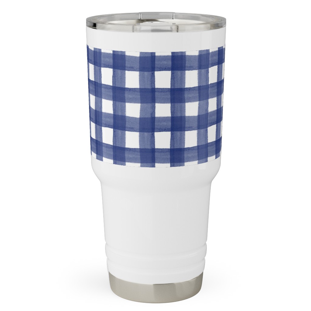 Watercolor Gingham - Navy Blue Travel Tumbler, 30oz, Blue
