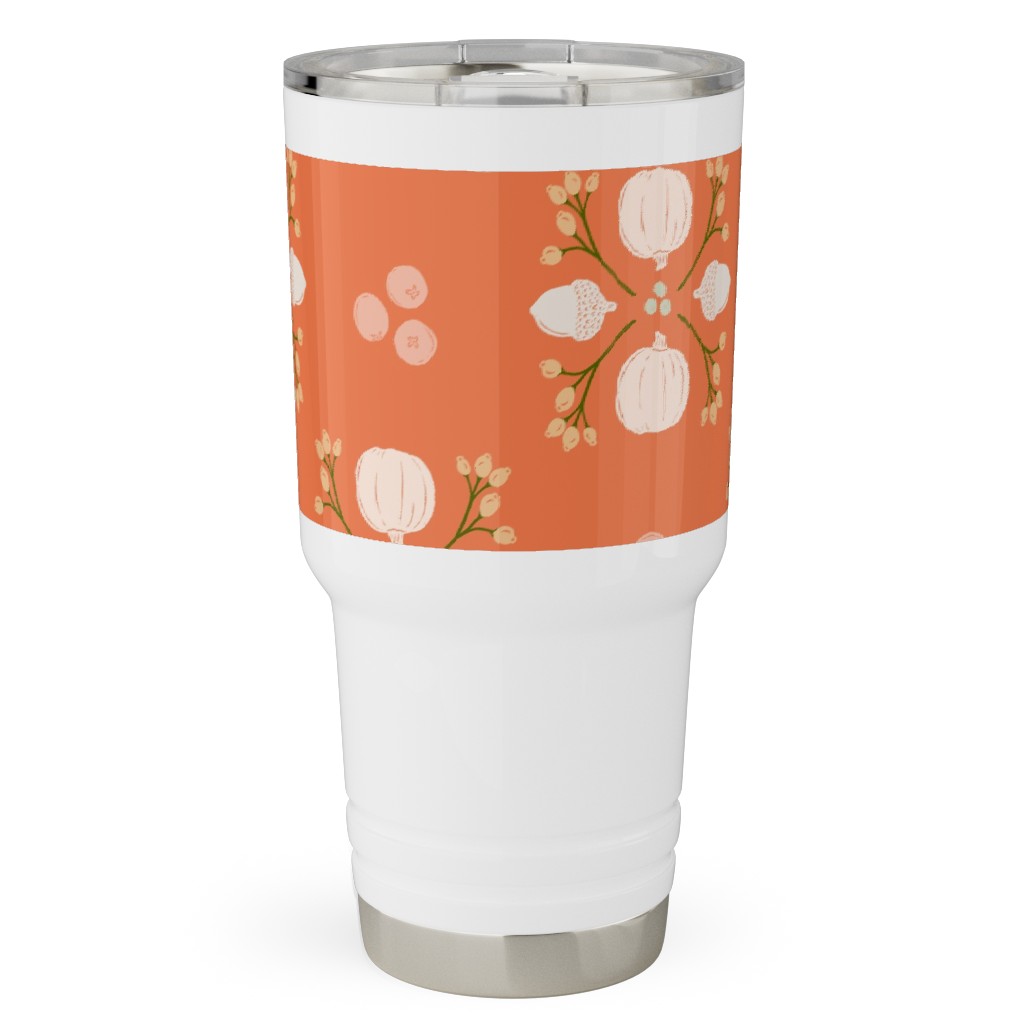 Bright Orange Acorn, Cranberry, & Pumpkin Fall Foliage Damask Travel Tumbler, 30oz, Orange, Orange