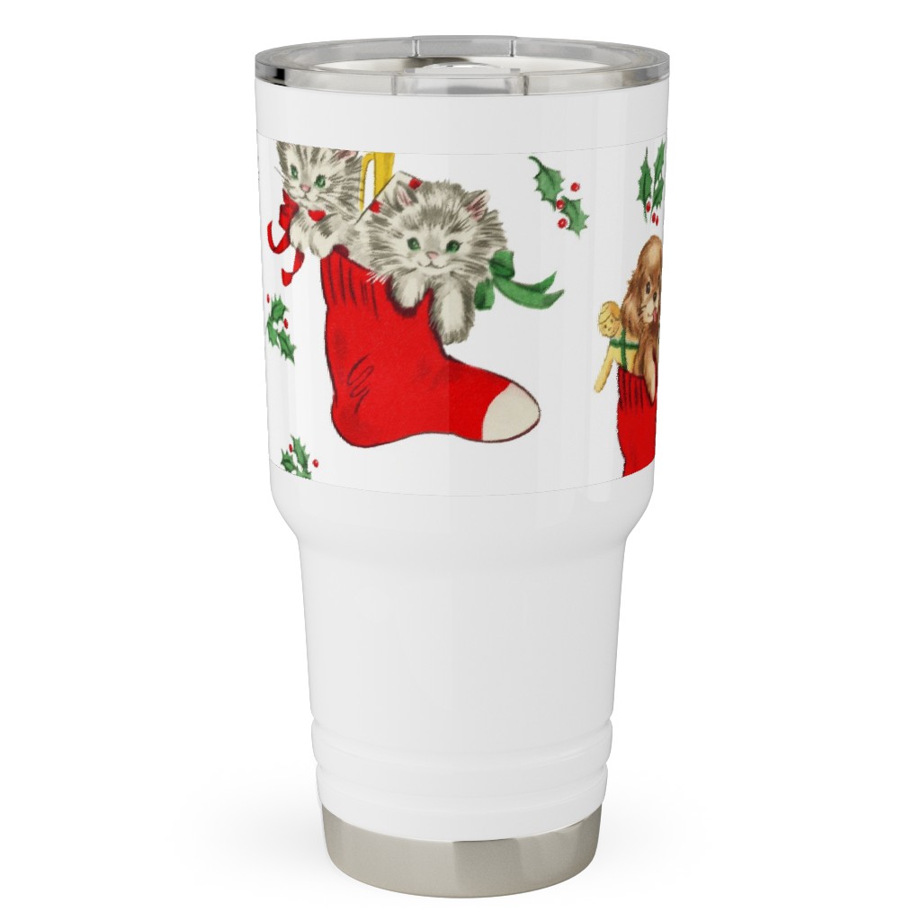 Vintage Christmas Kittens and Puppies Travel Tumbler, 30oz, Multicolor