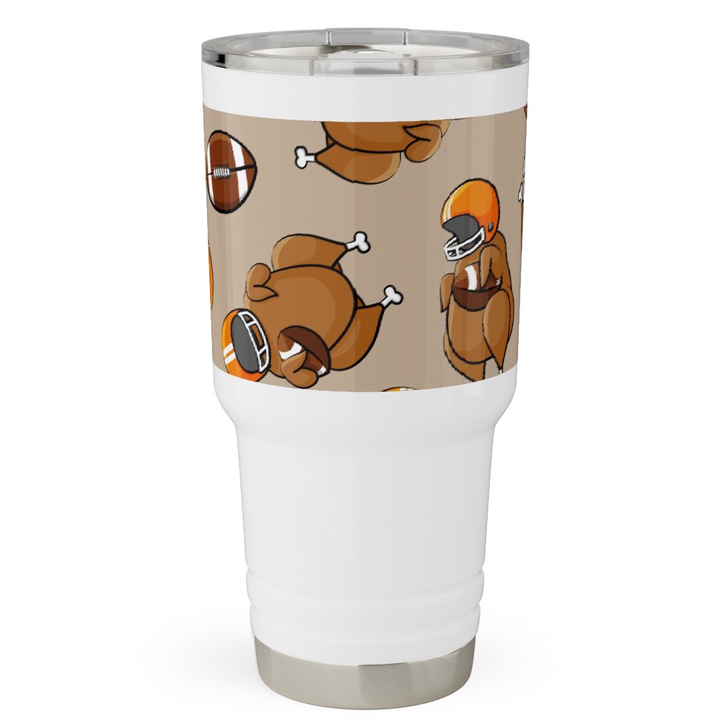 Football Turkey With Helmet and Football - Orange on Tan Travel Tumbler, 30oz, Beige