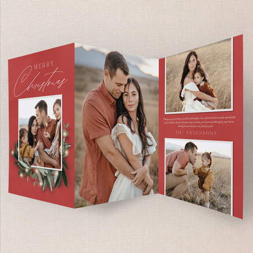 Serene Charm Holiday Card, Red, Trifold, Christmas, Matte, Folded Smooth Cardstock, Garnet
