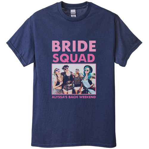Bachelorette Squad T-shirt, Adult (S), Navy, Customizable front & back, Pink, bubblegum