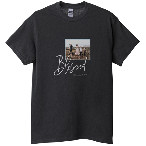 Blessed Script T-shirt, Adult (M), Black, Customizable front, Blue