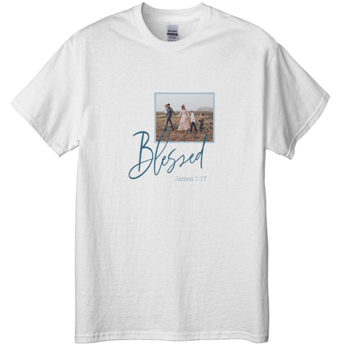 Blessed Script T-shirt, Adult (M), White, Customizable front & back, Blue