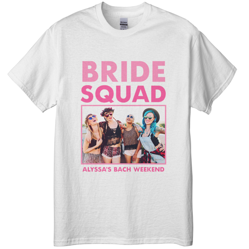 Bachelorette Squad T-shirt, Adult (L), White, Customizable front & back, Pink, bubblegum