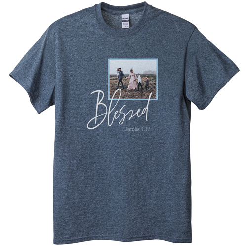Blessed Script T-shirt, Adult (L), Gray, Customizable front, Blue