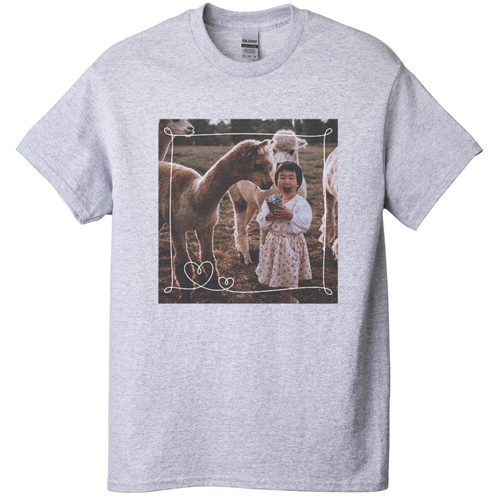 Doodle Heart Border T-shirt, Adult (L), Gray, Customizable front & back, White, white