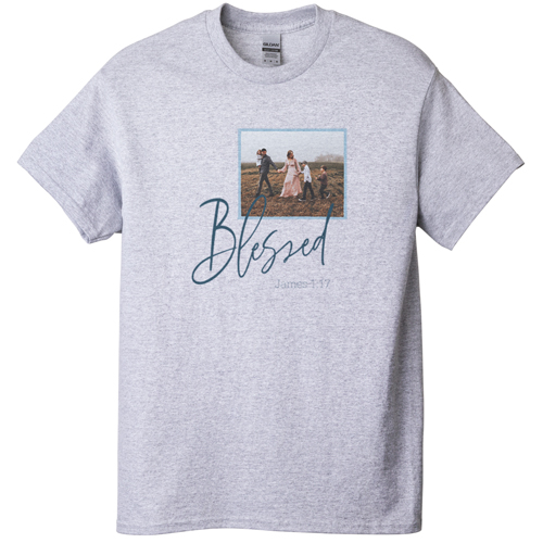 Blessed Script T-shirt, Adult (XXL), Gray, Customizable front & back, Blue