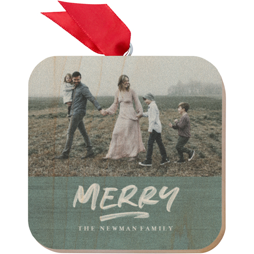 Rustic Brushed Merry Wooden Ornament, Green, Square