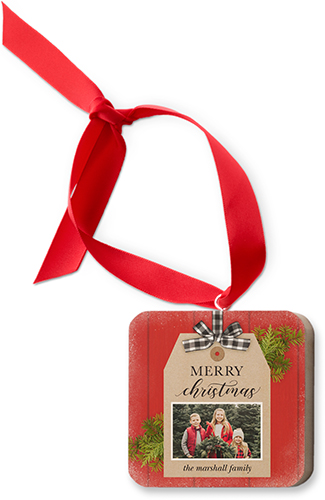 Christmas Tag Wooden Ornament, Red, Square Ornament