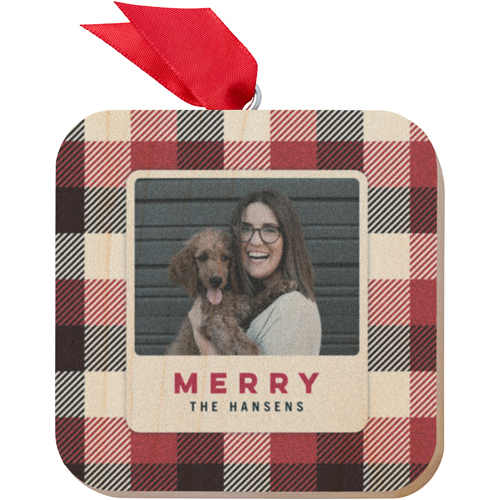 Merry Plaid Wooden Ornament, Beige, Square