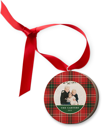 Merry Christmas Plaid Wooden Ornament, Red, Circle