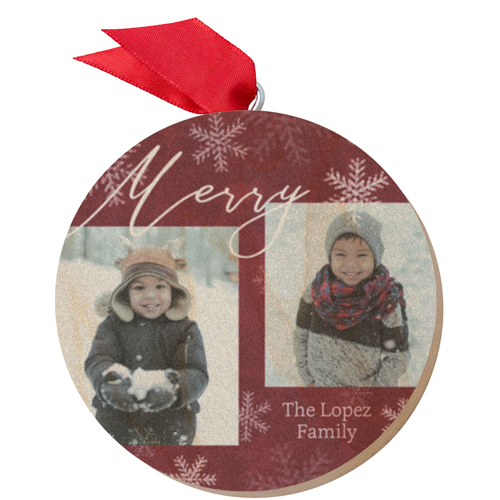 Merry Snowflake Wooden Ornament, Red, Circle