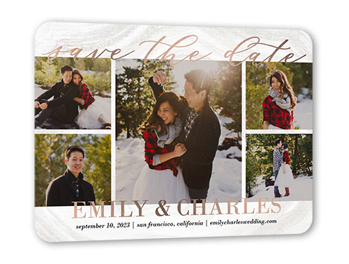 Lettered Gallery Save The Date, Rose Gold Foil, White, 5x7, Matte, Personalized Foil Cardstock, Rounded, White